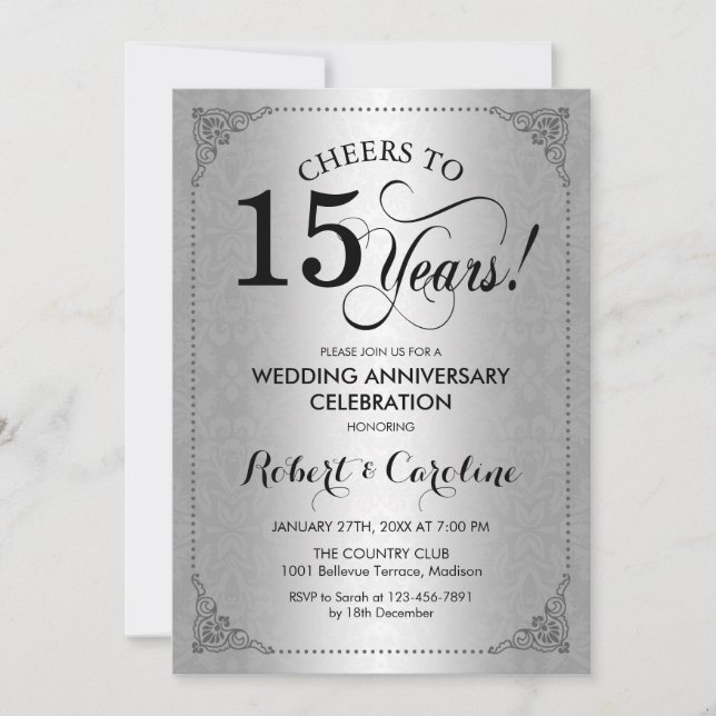 15th Wedding Anniversary - Silver Black Damask Invitation (Front)