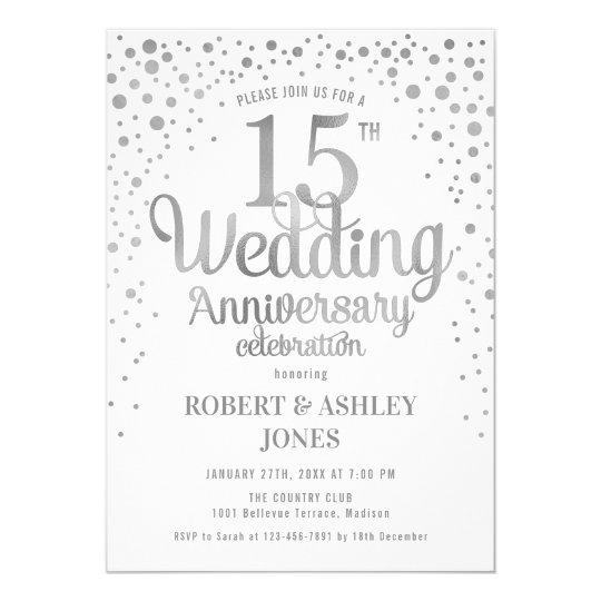 15th Wedding Anniversary Silver & White Invitation