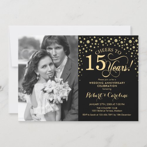 15th Wedding Anniversary with Photo _ Gold Black Invitation
