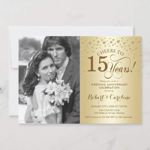 15th Wedding Anniversary with Photo _ Gold Invitation