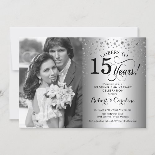 15th Wedding Anniversary with Photo _ Silver Invitation