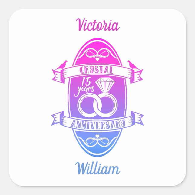 15th Year traditional crystal wedding anniversary Square Sticker (Front)