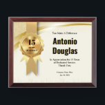 15Year Work Anniversary Employee Appreciation Gold Award Plaque<br><div class="desc">Celebrate a decade of dedication with the 15-Year Work Anniversary Employee Appreciation Gold Award Plaque! This stunning plaque features a luxurious gold finish, elegantly displayed within a classic wood frame. Perfect for honoring loyal employees, it can be personalized with the recipient's name, date, and a heartfelt message. Ideal for corporate...</div>