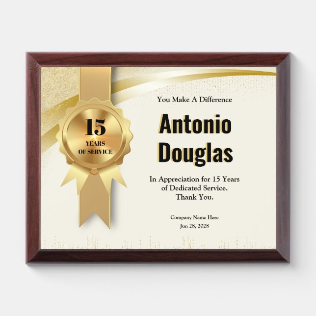 15Year Work Anniversary Employee Appreciation Gold Award Plaque (Horizontal)