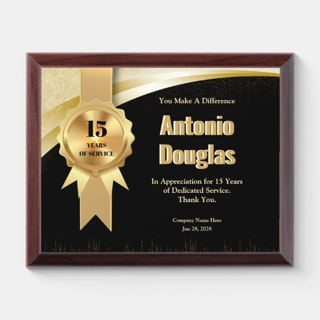 15Year Work Anniversary Employee Appreciation Gold Award Plaque (Horizontal)