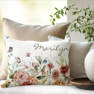 1600s Dutch Wildflowers Art, Watercolor Floral Lumbar Pillow