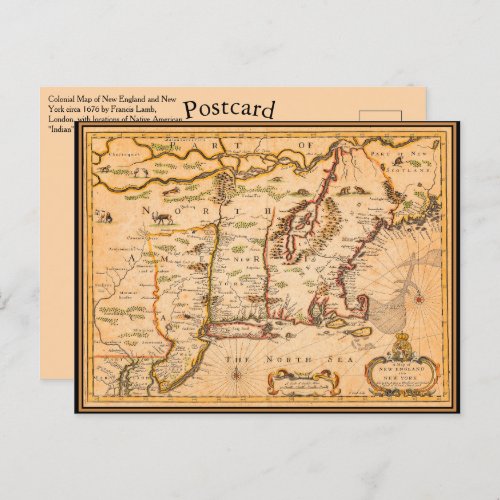 1600s New England Map Native American Settlements Postcard