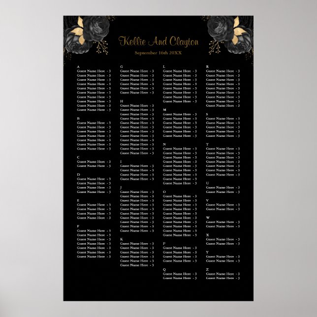 160 Black And Gold Floral Wedding Seating Chart (Front)