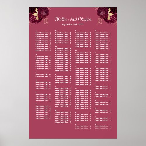 160 Burgundy And Gold Floral Wedding Seating Chart