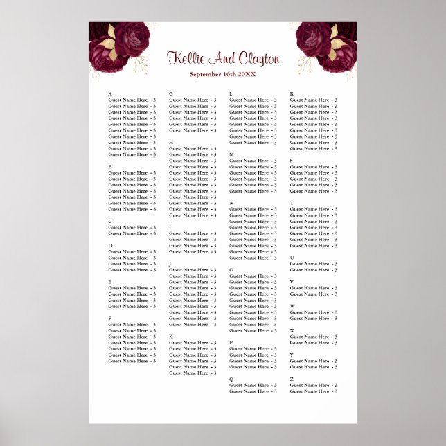 160 Burgundy And Gold Floral Wedding Seating Chart (Front)