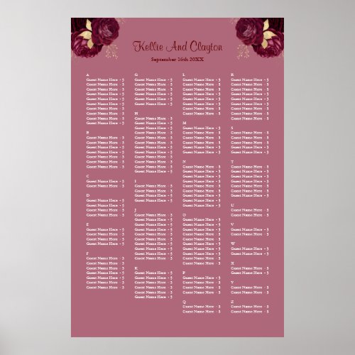 160 Burgundy And Gold Floral Wedding Seating Chart