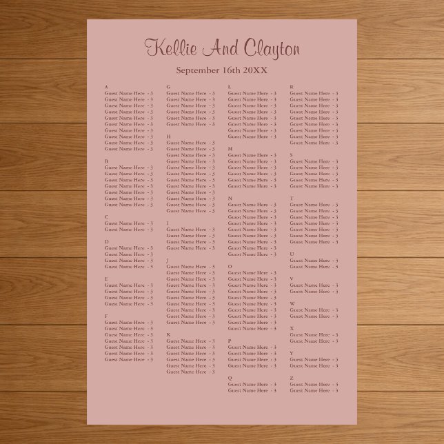160 Cinnamon Rose Simple Wedding Seating Chart (Creator Uploaded)