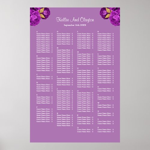 160 Purple And Gold Floral Wedding Seating Chart