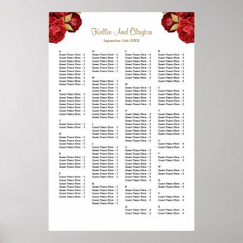 160 Red And Gold Floral Wedding Seating Chart