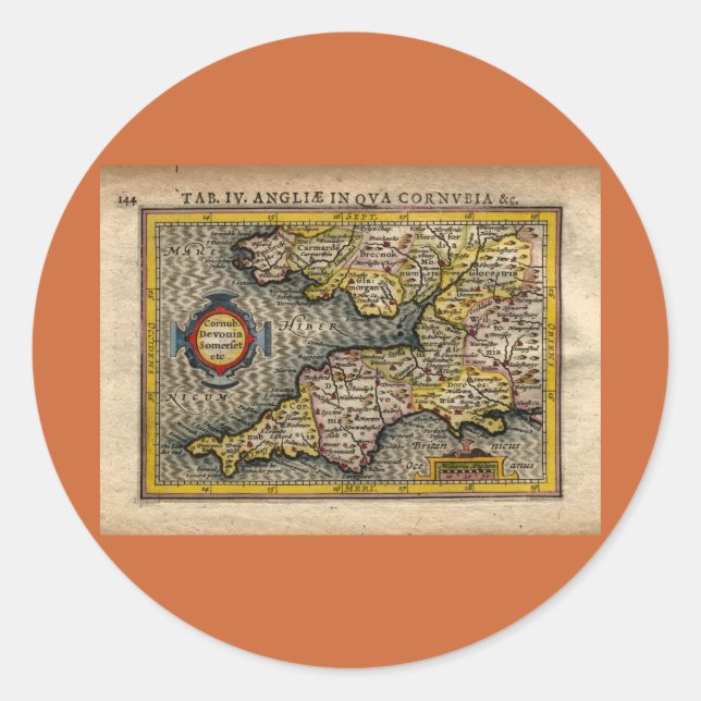 1610 Map of Cornwall, Devon, Somerset, etc... Classic Round Sticker (Front)