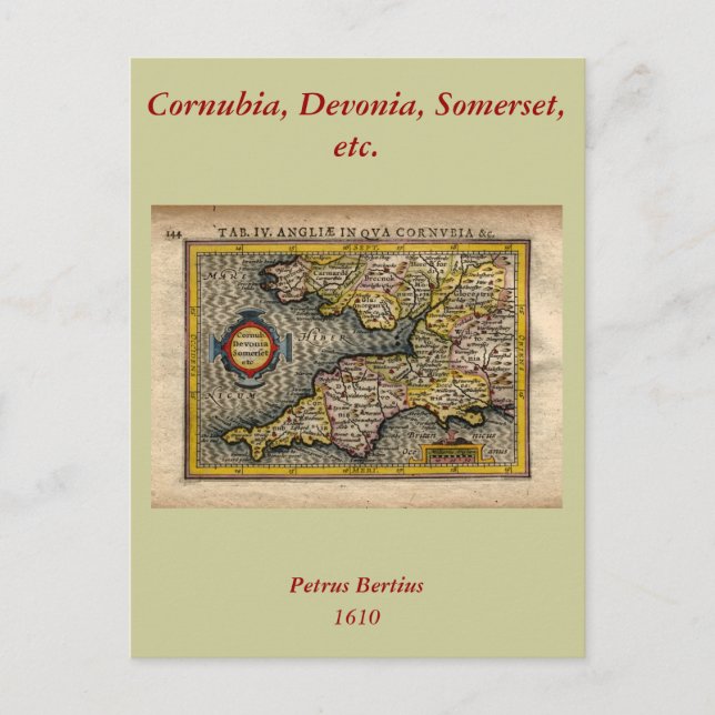 1610 Map of Cornwall, Devon, Somerset, etc... Postcard (Front)