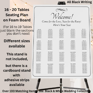 16 - 20 Tables, Guest Seating Chart, Black White  Foam Board