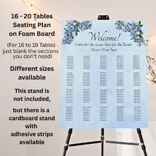 16 - 20 Tables, Guest Seating Chart, Blue Peony Foam Board