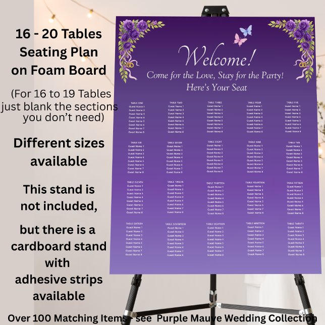 16 - 20 Tables, Guest Seating Chart, Purple Mauve  Foam Board (Creator Uploaded)