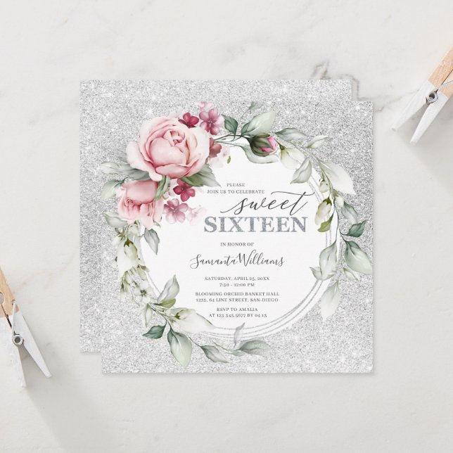 16 Birthday Glittering Square | Roses Silver Invitation (Front/Back In Situ)