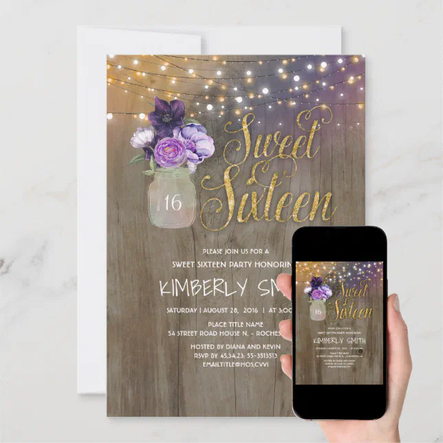 16 Birthday Party Sweet Sixteen Mason Jar Purple Invitation Zazzle