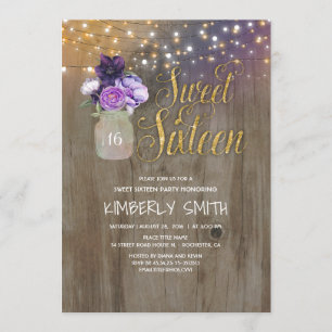 16 Birthday Party - Sweet Sixteen Mason Jar Purple Invitation
