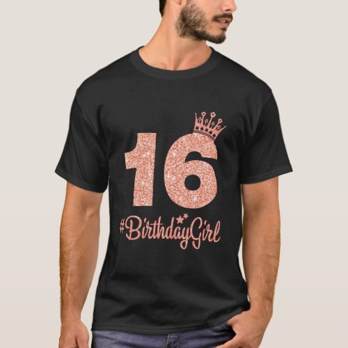 16 Birthdaygirl Sweet Sixteen 16Th Pink Crown Tee 