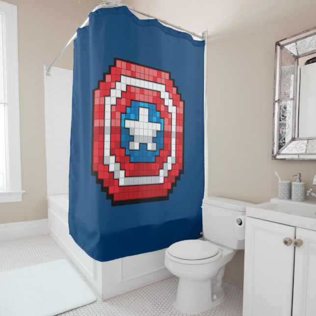 16-Bit Pixelated Captain America Shield Shower Curtain (In Situ)