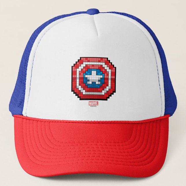 16-Bit Pixelated Captain America Shield Trucker Hat (Front)