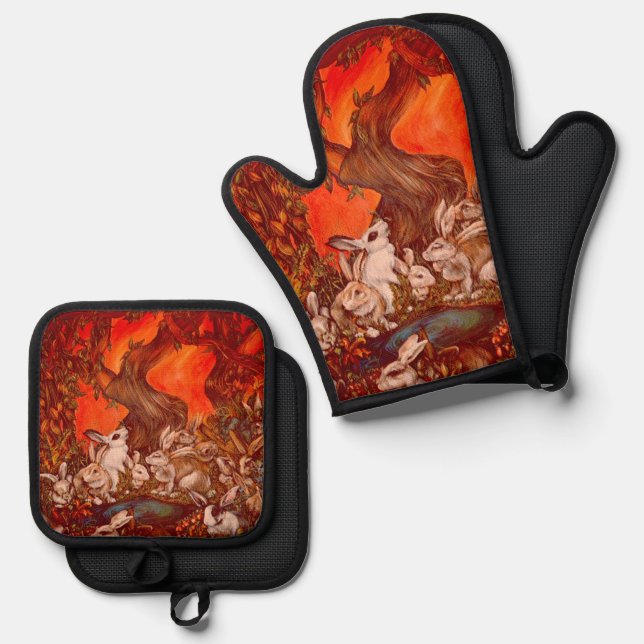 16 Bunnies Oven Mitt & Pot Holder Set (Front/Back)