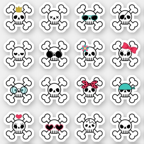 16 Cute  Cool Cartoon Skulls Crossed Bones Sticker