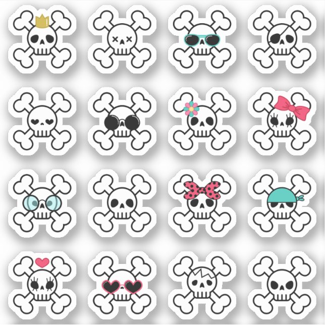 16 Cute & Cool Cartoon Skulls Crossed Bones Sticker (Front)