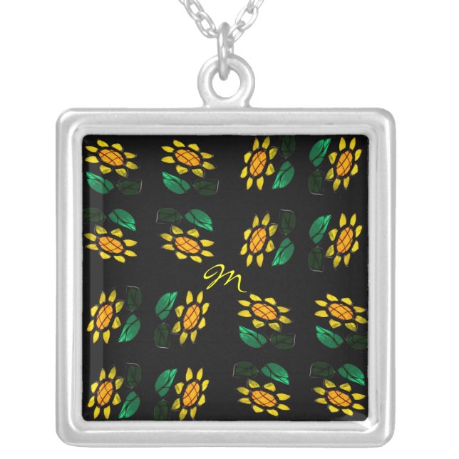 16 Flowers Stained Glass Monogram Square Necklace (Front)