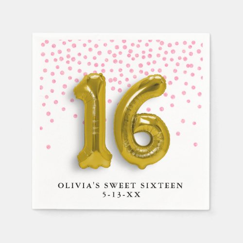 16 Gold Ballon Numbers  Pink Glitter Confetti Napkins