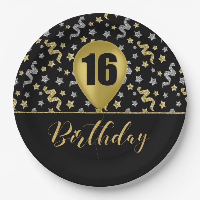 16 Gold Birthday Ballon on Black Gold Confetti Paper Plates (Front)