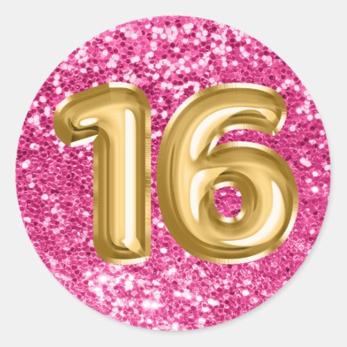 16 Gold Foil Balloons Sparkly Rose Pink Glitter Classic Round Sticker