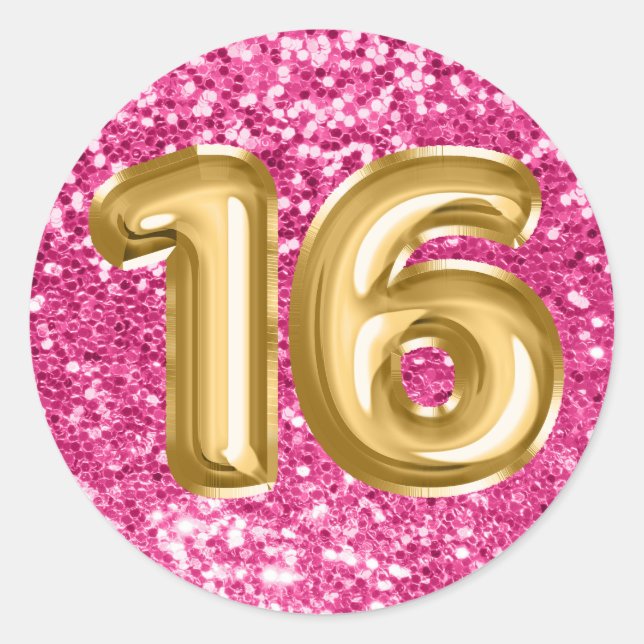 16 Gold Foil Balloons Sparkly Rose Pink Glitter Classic Round Sticker (Front)