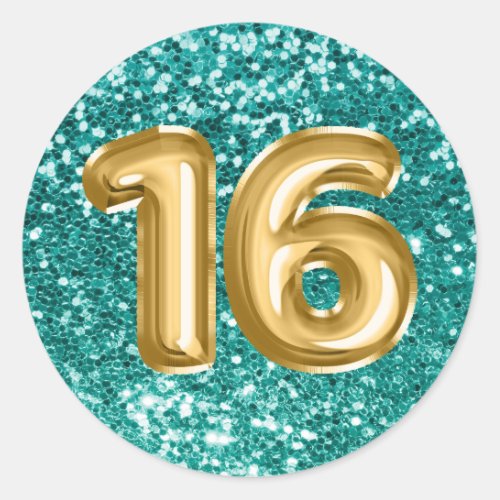 16 Gold Foil Balloons Sparkly Teal Glitter Classic Round Sticker