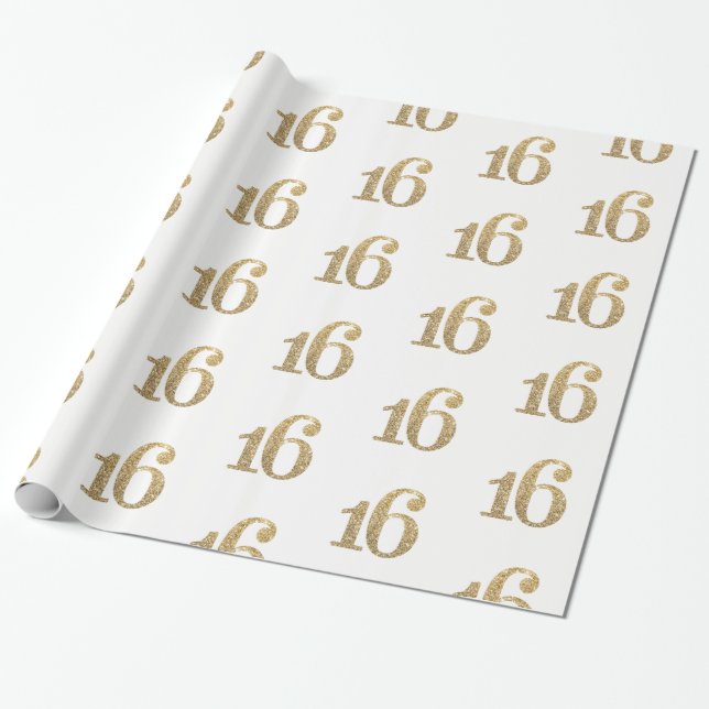 16 GOLD GLITTER NUMBER glamorous sparkly birthday Wrapping Paper (Unrolled)