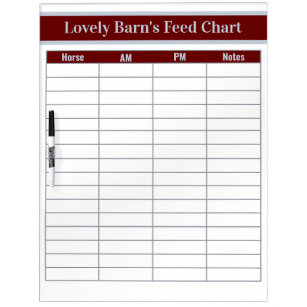 16 Horse Boarding Barn Feed Chart - Red + Silver Dry Erase Board