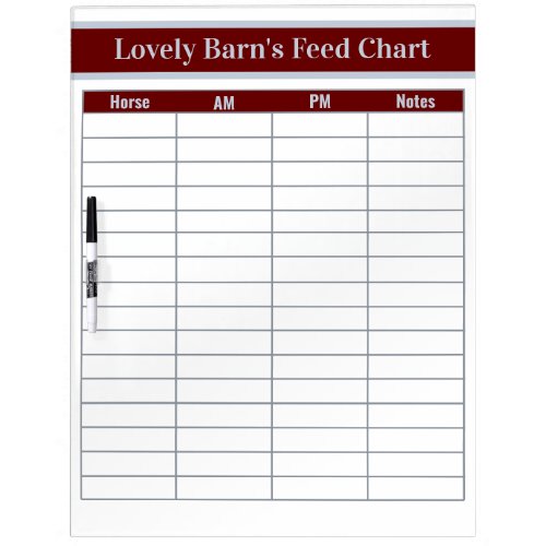 16 Horse Boarding Barn Feed Chart _ Red  Silver Dry Erase Board