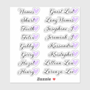 16 Names Custom Guest List Calligraphy Lilac Heart Sticker