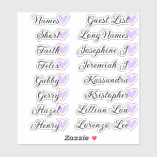 16 Names Custom Guest List Calligraphy Lilac Heart Sticker