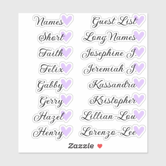 16 Names Custom Guest List Calligraphy Lilac Heart Sticker (Sheet)