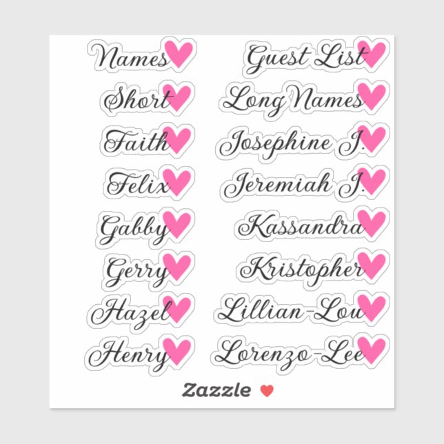 16 Names Custom Guest List Calligraphy Pink Heart Sticker (Sheet)