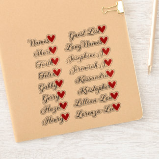 16 Names Custom Guest List Calligraphy Red Heart Sticker