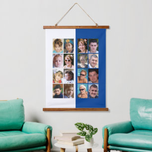 16 photo collage blue and white hanging tapestry