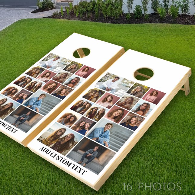 16 Photo Collage - Custom Text - Black and White Cornhole Set (Custom Cornhole with Photo Collage)