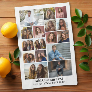 16 Photo Collage - Custom Text - Black and White Kitchen Towel