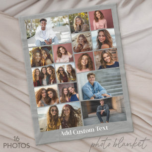 16 Photo Collage - Custom Text - Grey and White Fleece Blanket